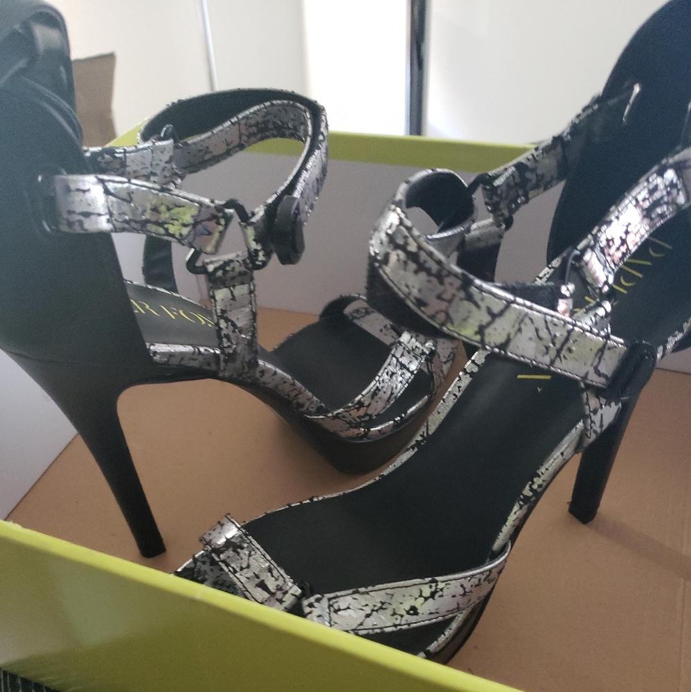 Silver and black paper Fox Women's heeled sandals - Picture 4 of 6